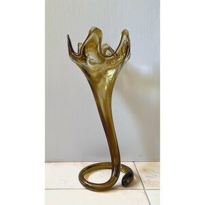 Vintage MCM Sooner Amber Trumpet Vase Large Art Glass Coil Spiral Base 16"